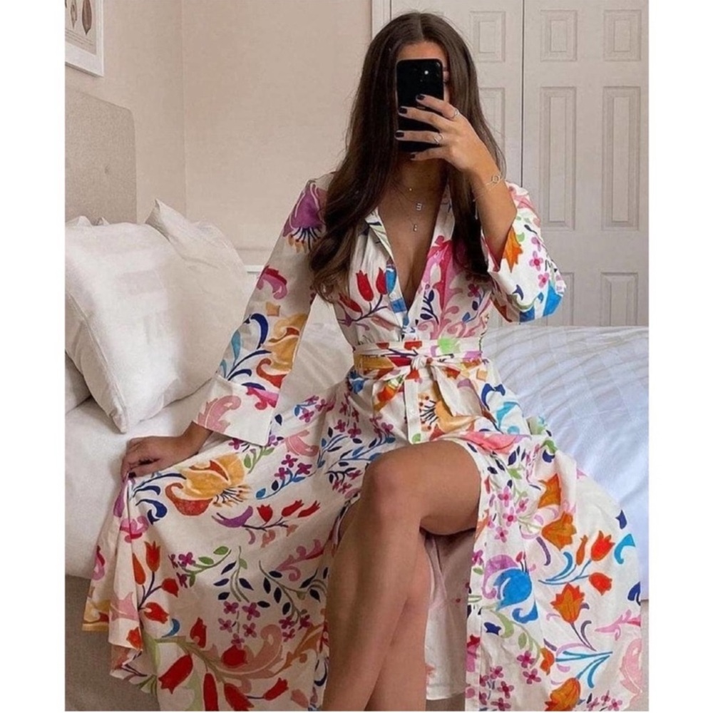 Zara White Midi Dress with Multicolor Floral Print USA L